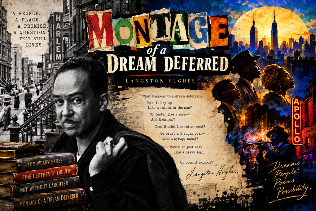 A collage depicting Langston Hughes with a city street in Harlem in the background, featuring the title 'Montage of a Dream Deferred' and related text discussing dreams and their fate, along with artistic elements representing African American culture.