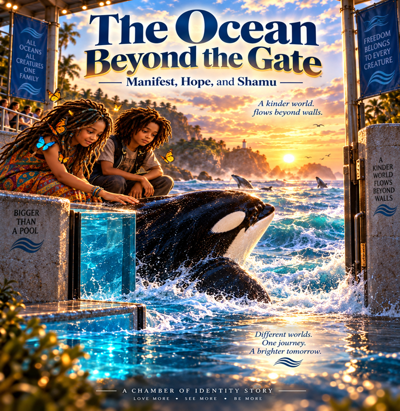 Two children interact with an orca in a vibrant ocean setting, with a backdrop of tropical landscapes and a colorful sunset. The scene captures themes of connection and unity with nature.