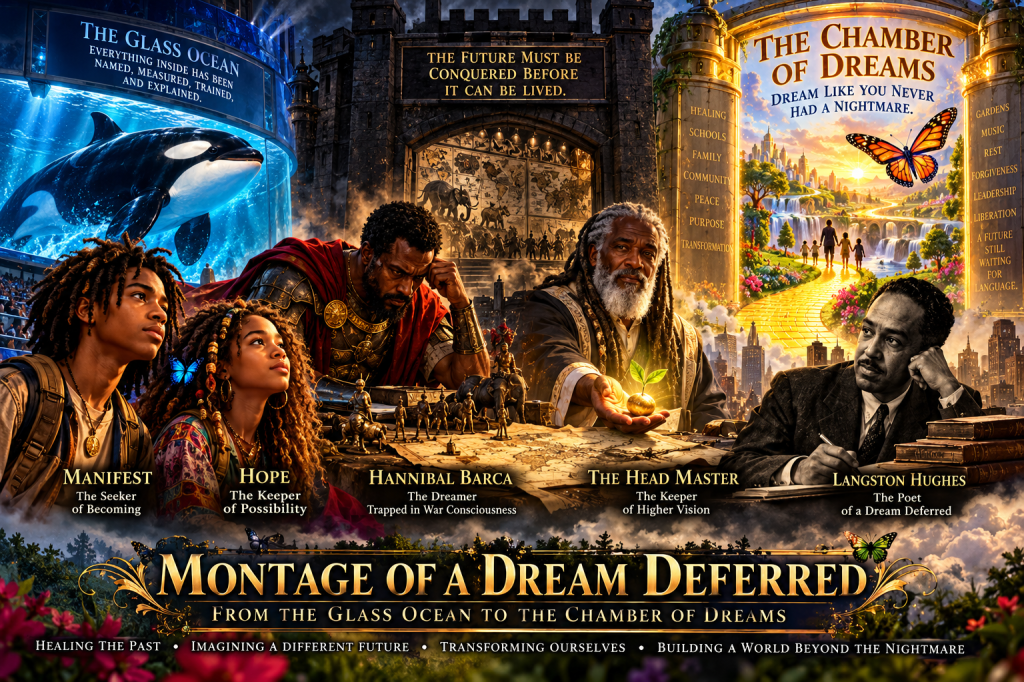 A vibrant collage titled 'Montage of a Dream Deferred,' featuring various characters symbolizing hope, dreams, and transformation. Includes figures like Manifest, Hope, Hannibal Barca, The Head Master, and Langston Hughes, set against a backdrop of fantastical scenes and landscapes.